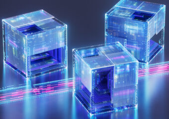 Three transparent data cubes with intricate circuitry exchanging information through glowing lines, representing AI-driven data processing in a futuristic tech environment