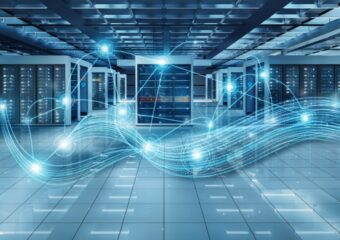 a telecom data center ecosystem showing interconnected nodes, streamlined data streams, and network connections. Ericsson Integrated Core on Dell Telecom Infrastructure Blocks